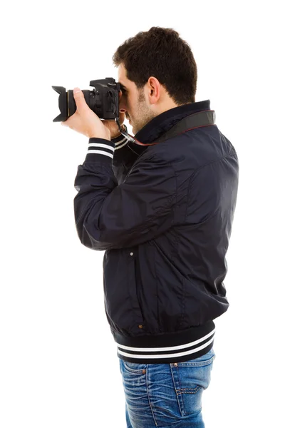 Jovem fotógrafo masculino com câmera, isolado em branco — Fotografia de Stock