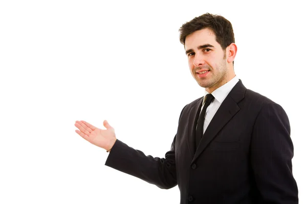 Счастливый бизнесмен с протянутой рукой в приветственном жесте, изолированный — стоковое фото