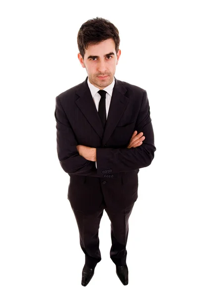 Pełna długość młody biznes człowiek stojący z rękoma nad — Zdjęcie stockowe
