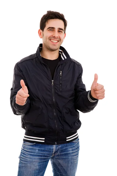 Jovem feliz homem casual polegares para cima em um fundo branco — Fotografia de Stock