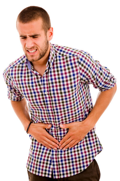 Young man with strong stomach pain isolated on white background