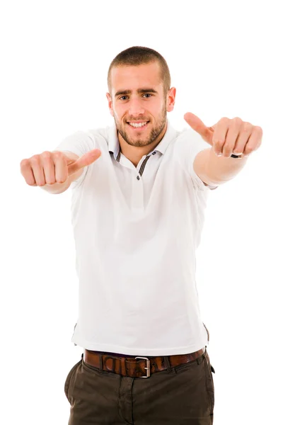 Glad casual ung man tummen upp och ler isolerad på vita b — Stockfoto