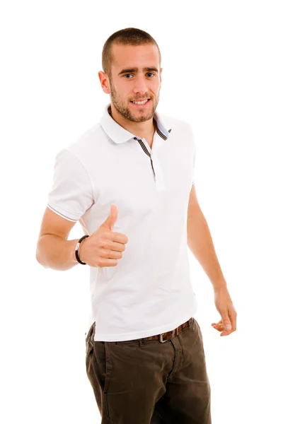 Junger lässiger Mann mit hochgerecktem Daumen vor weißem Hintergrund — Stockfoto