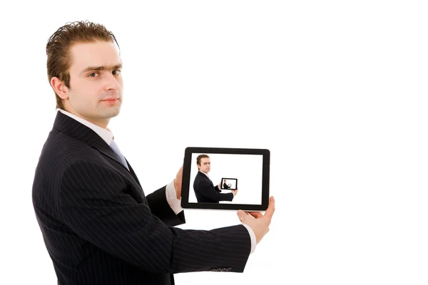 Hombre de negocios mostrando tableta ordenador . —  Fotos de Stock