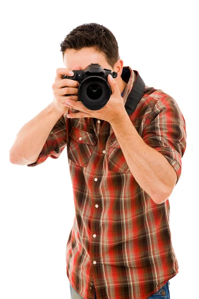 Jovem fotógrafo com câmera, — Fotografia de Stock