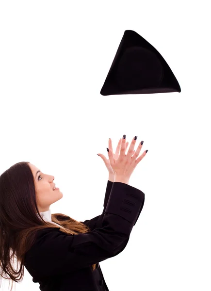 Student girl tossing up hat — Stock Photo, Image