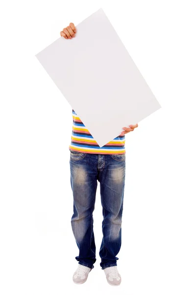 Homem segurando um cartão branco em branco — Fotografia de Stock