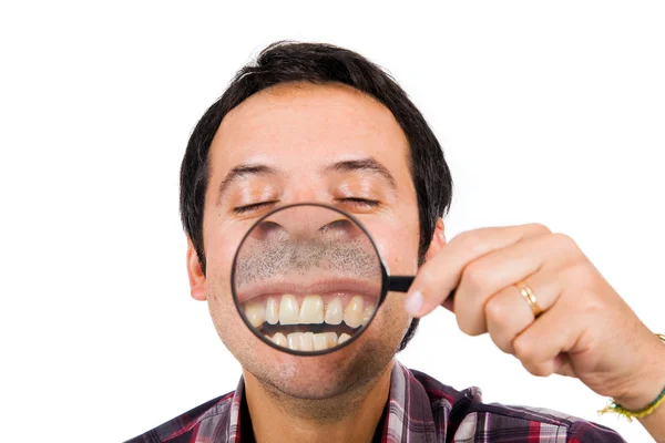 Funny man with magnifying glass — Stock Photo, Image
