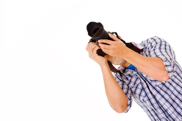 Fotógrafo em ação com câmera — Fotografia de Stock