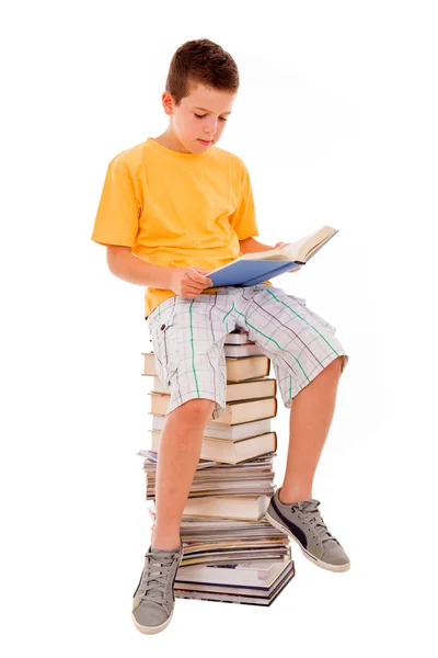 Schoolboy sitting on the heap of books — Stock Photo, Image