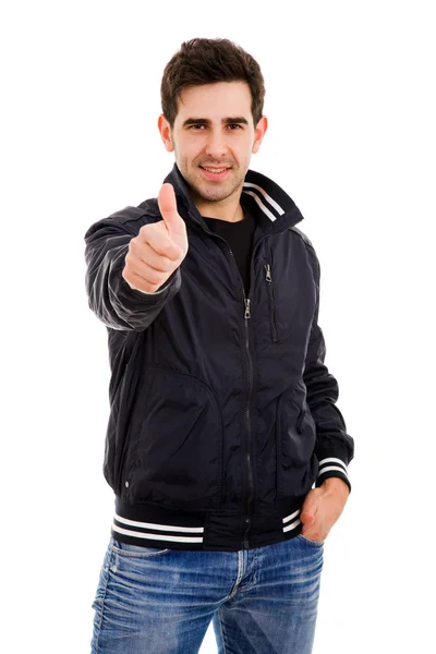 Šťastný mladík neformální ukazuje palec — Stock fotografie