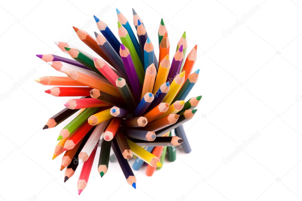 Spiral of colored pencils, isolated on white