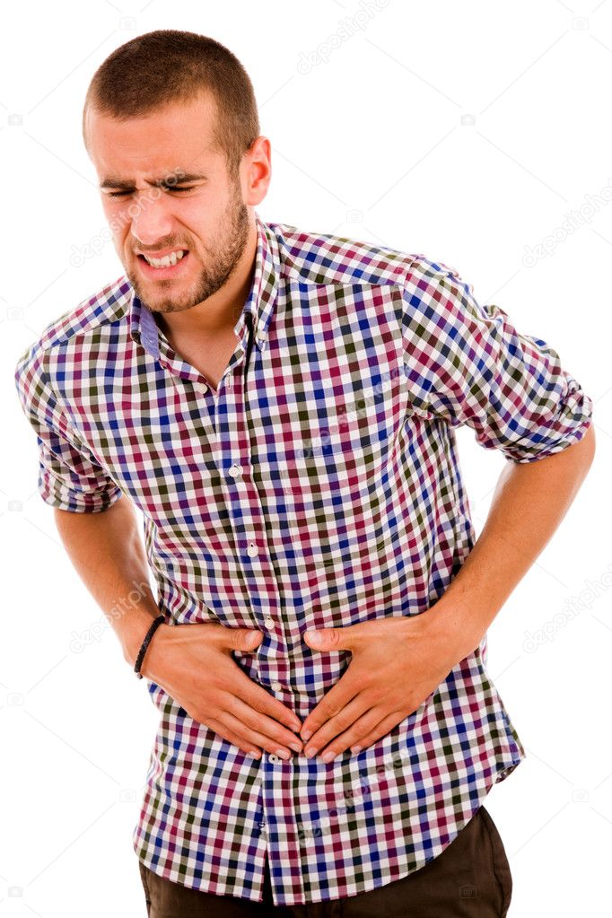 Young man with strong stomach pain isolated on white background