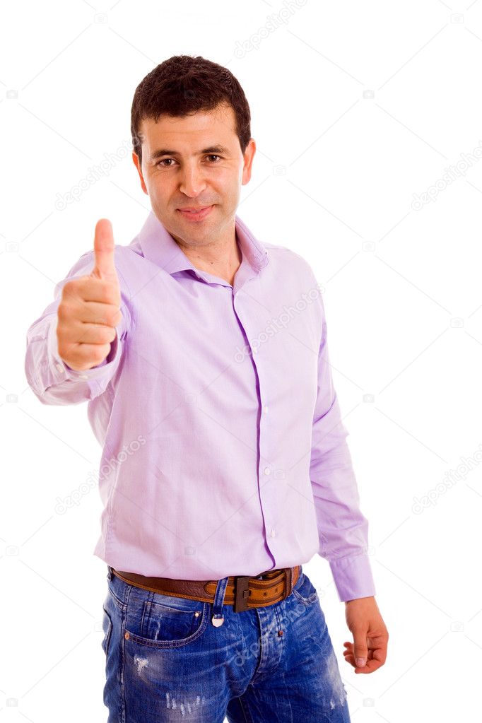 Casual Man Gesturing Thumbs Up Isolated Stock Photo - Download