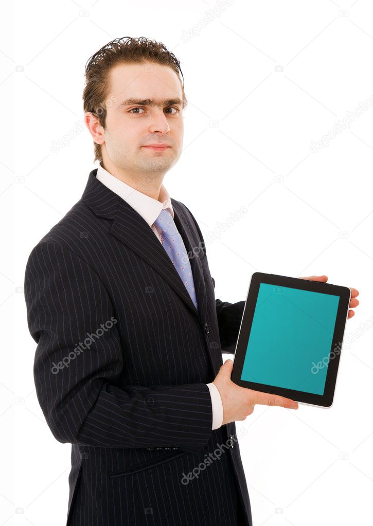 Young business man showing tablet pc