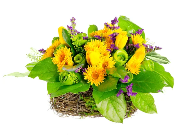 Basket of roses, tulips and limonium — Stock Photo, Image