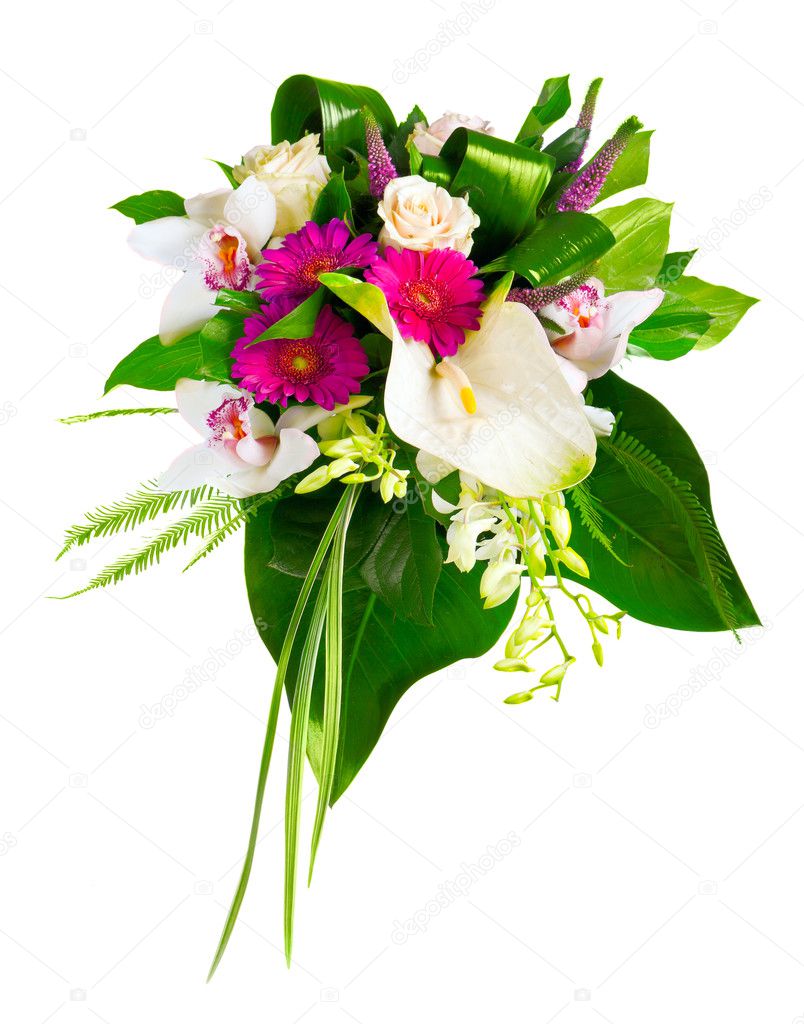 Bouquet of roses, gerberas, orchids and anthurium