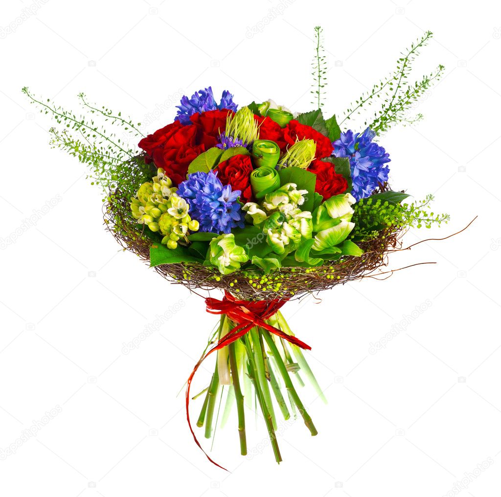 Bouquet of roses, hyacinthus and greens