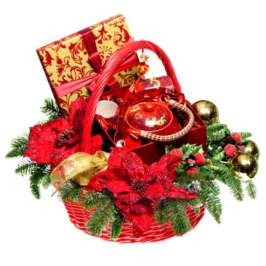 Christmas gift basket on white background clipart