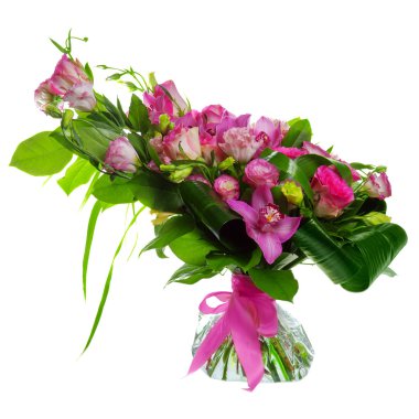 Buquet of roses, cymbidiums and lisianthus clipart