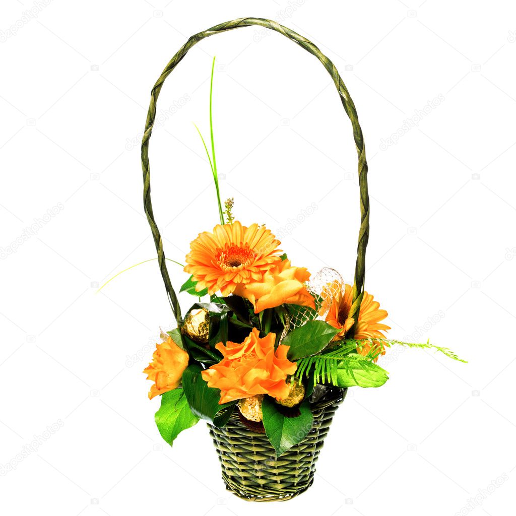 Bouquet of roses and gerberas in basket
