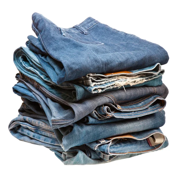 Stack av blå denim kläder — Stockfoto