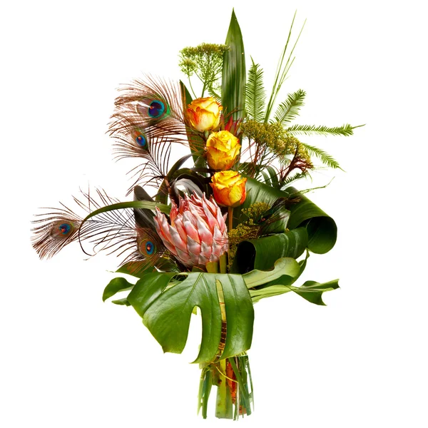 Male bouquet with peacock feathers — Stock Photo, Image