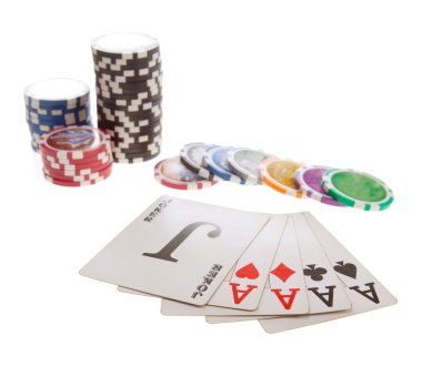 Five poker cards and chips clipart