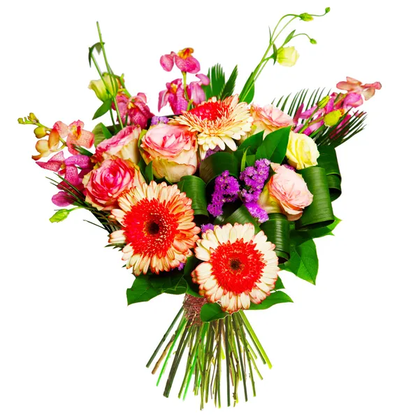 Bouquet van rozen en gerbera's alsrtomerias — Stockfoto
