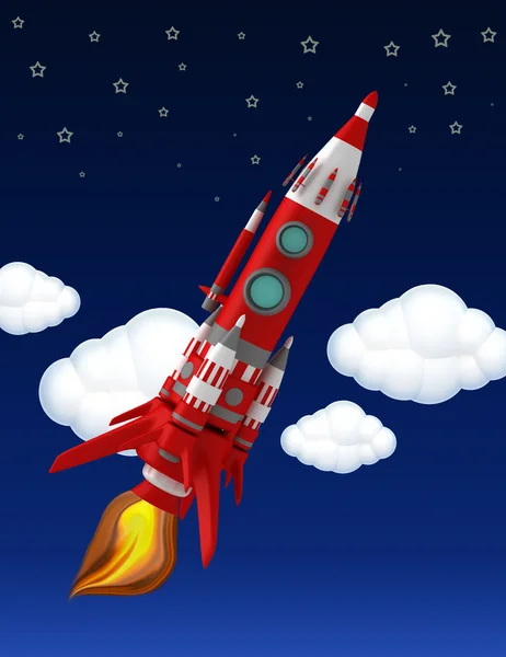 Flygende rødt romskip – stockfoto