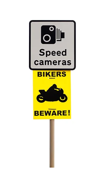 Câmera de velocidade e sinal de aviso do motociclista — Fotografia de Stock