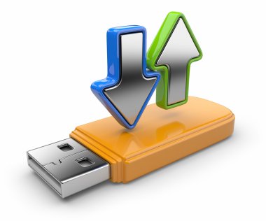 USB flash drive and arrow 3D. Data transfer. Isolated clipart