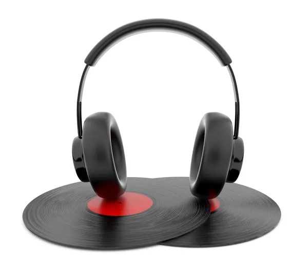 Audio headphone on gramophone vinyl disc 3D. Icon. Isolated on w — Stock Photo, Image