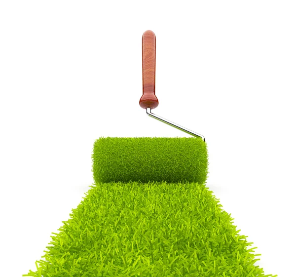 Green paint of grass. Roller isolated on white background. 3D il — Stock Photo, Image