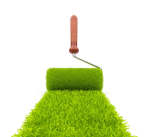 stock image Green paint of grass. Roller isolated on white background. 3D il