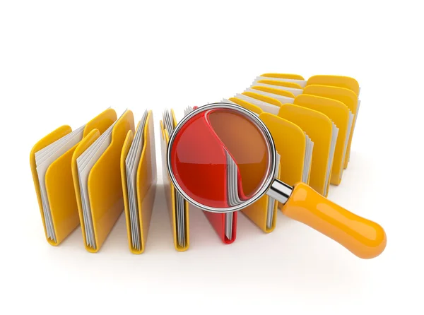 Folder and file search with magnifying glass. 3D isolated on whi — Stock Photo, Image