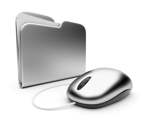 Компьютерная мышь и серебряная папка. 3D иллюстрация, изолированная на w — стоковое фото