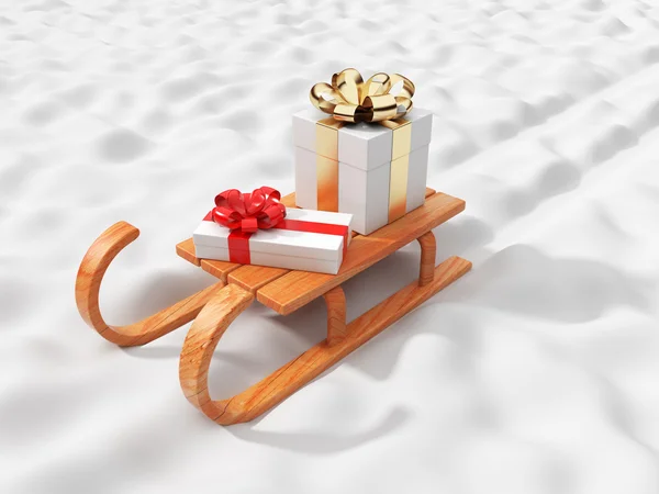 Δώρο σε ξύλινο έλκηθρο, συνεχίζεται το χιόνι. έννοια των Χριστουγέννων. 3D εικονογράφο — Φωτογραφία Αρχείου