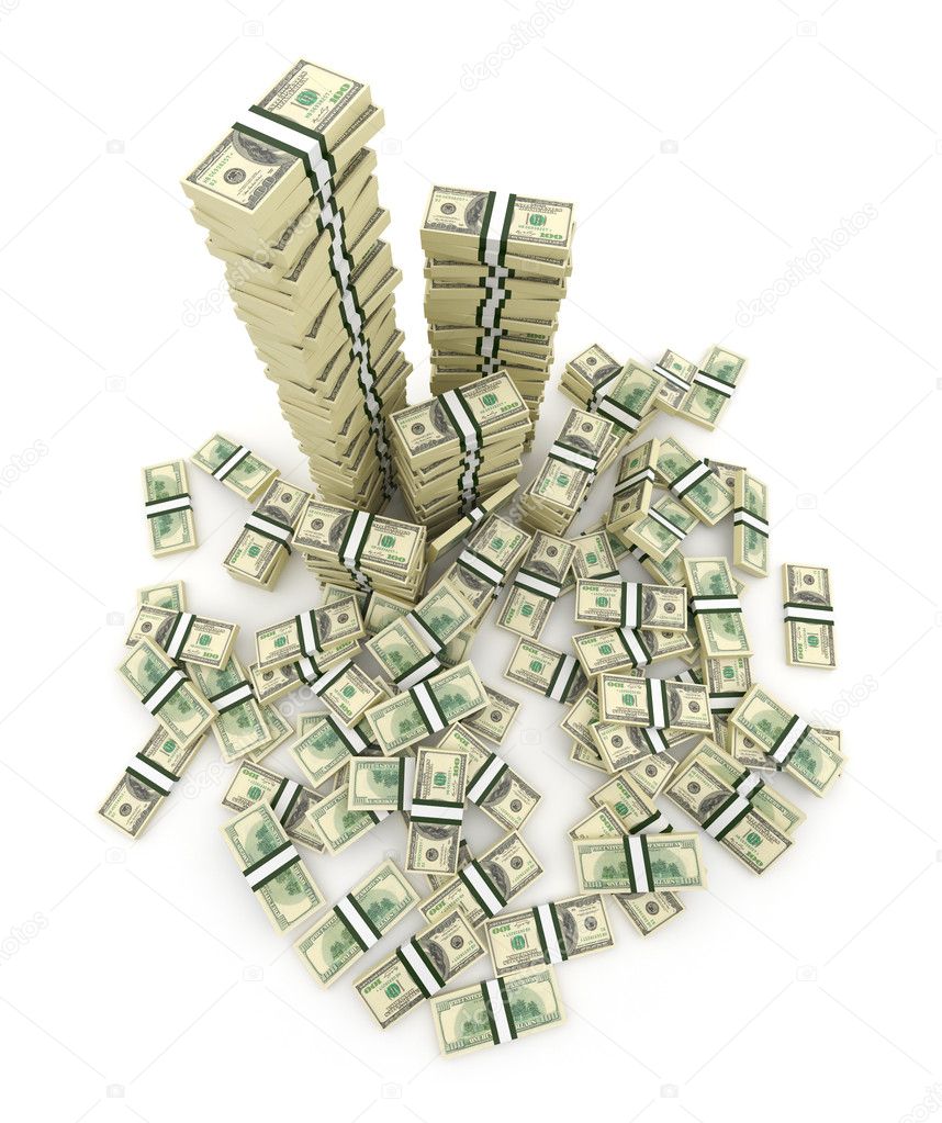 Big pile of the money. Green dollars USA 3D concept. Isolated o