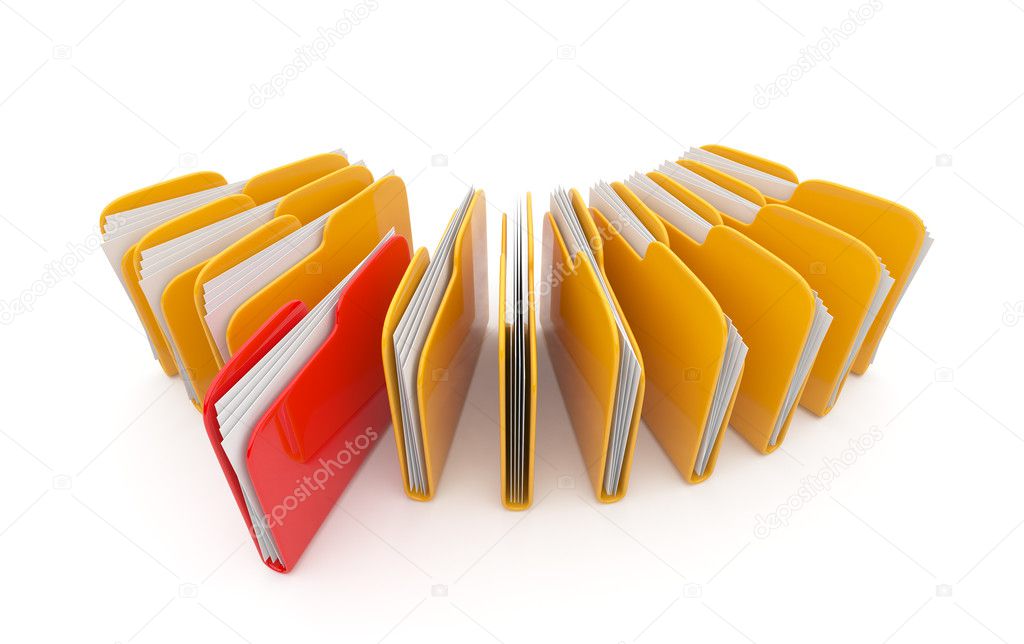 Row of folders and files. 3D illustration isolated on white back