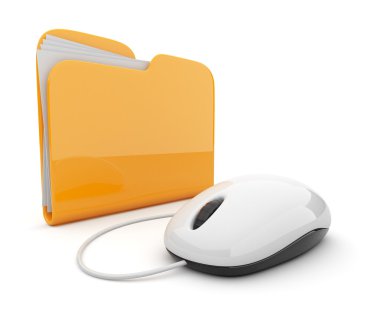 Computer mouse and yellow folder. 3D illustration isolated on w clipart