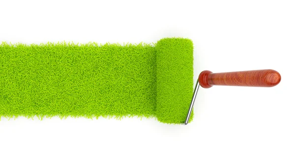 stock image Green paint of grass. Roller isolated on white background. 3D il