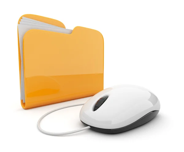 Υπολογιστή ποντίκι και κίτρινο φάκελο. 3D απεικόνιση που απομονώνονται σε w — Φωτογραφία Αρχείου