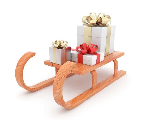 Δώρο σε ξύλινο έλκηθρο. έννοια των Χριστουγέννων. 3D απεικόνιση απομονώσει — Φωτογραφία Αρχείου