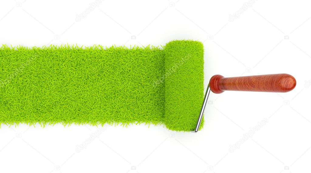 Green paint of grass. Roller isolated on white background. 3D il