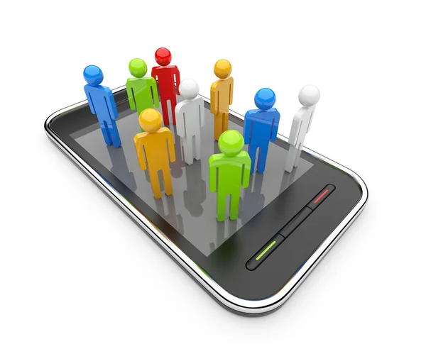 Red social en smartphone móvil 3D. Concepto de comunicación. Yo... — Foto de Stock