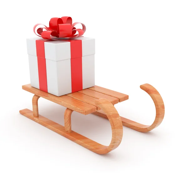 Dárek na dřevěné sáňky. Vánoční koncepce. 3D ilustrace izolovat — Stock fotografie