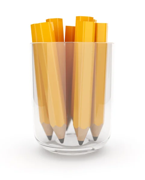 Många gula pennor i glas cup. 3D isolerad på vita backg — Stockfoto