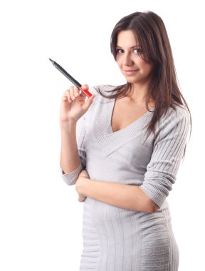 Business woman hold marker. Office worker, isolated clipart