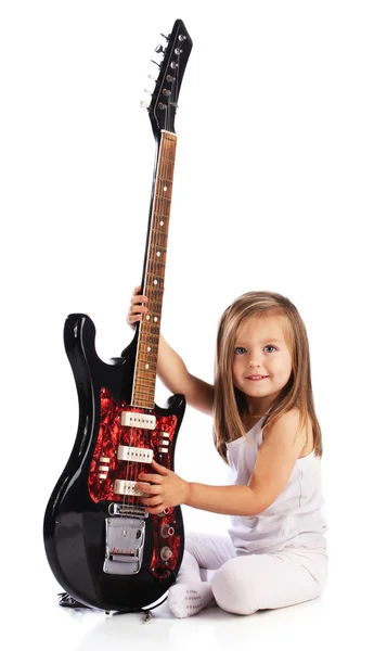 stock image Small child hold red acoustic guitar. Music concept. Isolated